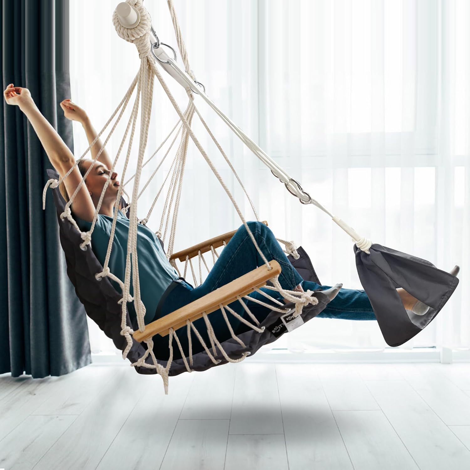 Luxury Hammock Swing Chair with Footrest Headrest 350lb Dark Grey