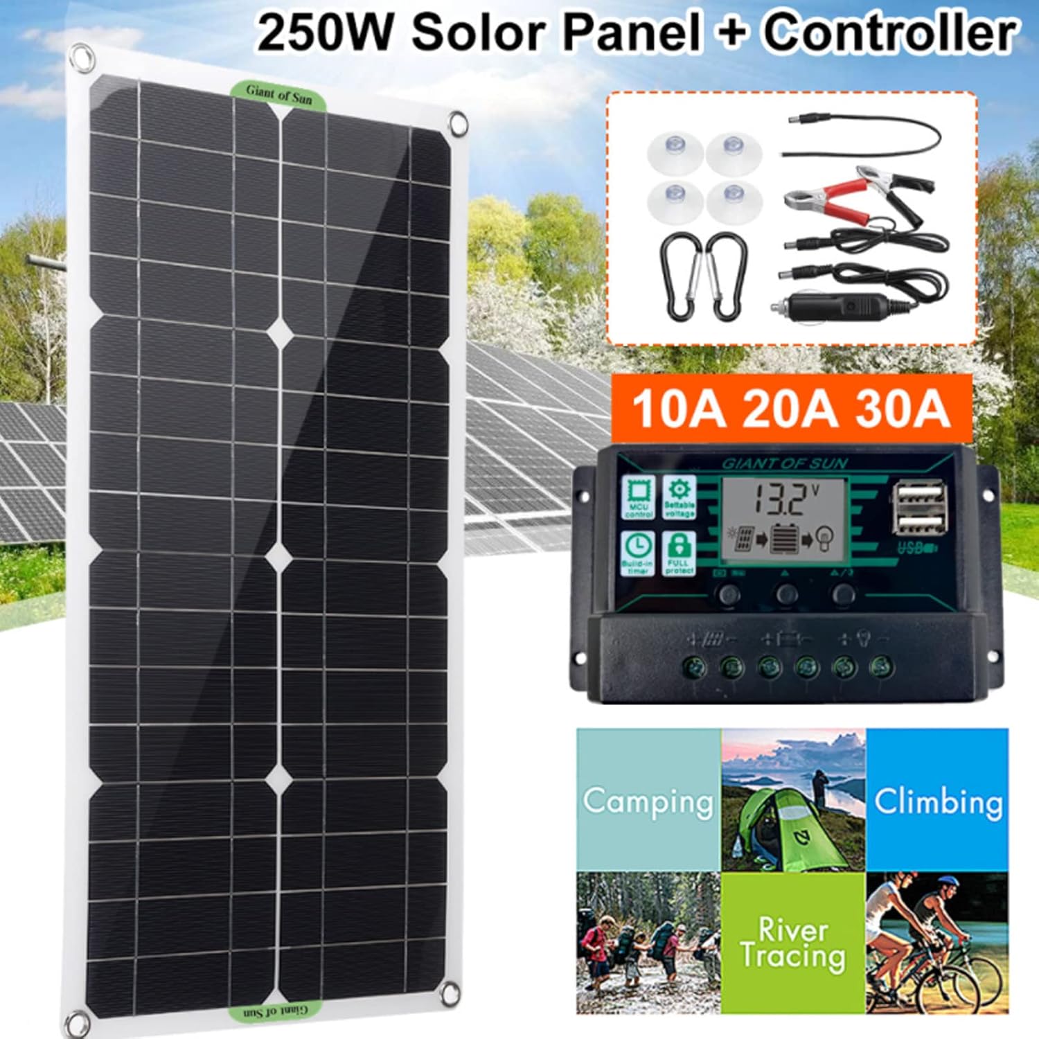 250W Solar Panel Kit 12V 24V Portable Charger RV Boat