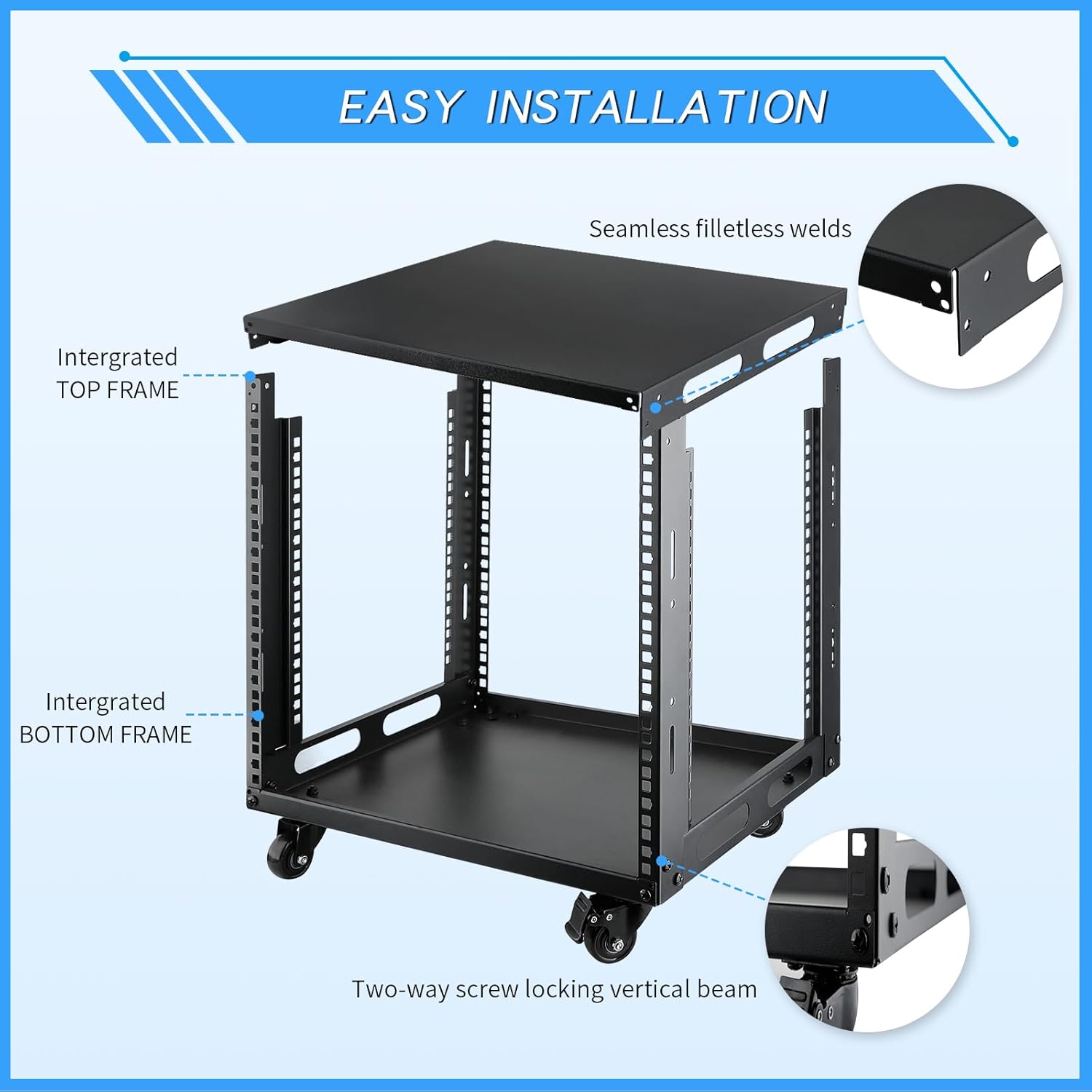 9U Open Frame Server Rack with Wheels 4 Post Mobile Stand