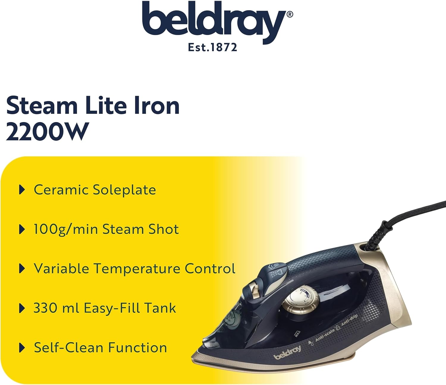 2200W Steam Iron 100g Steam Boost Ceramic Soleplate 330ml Tank