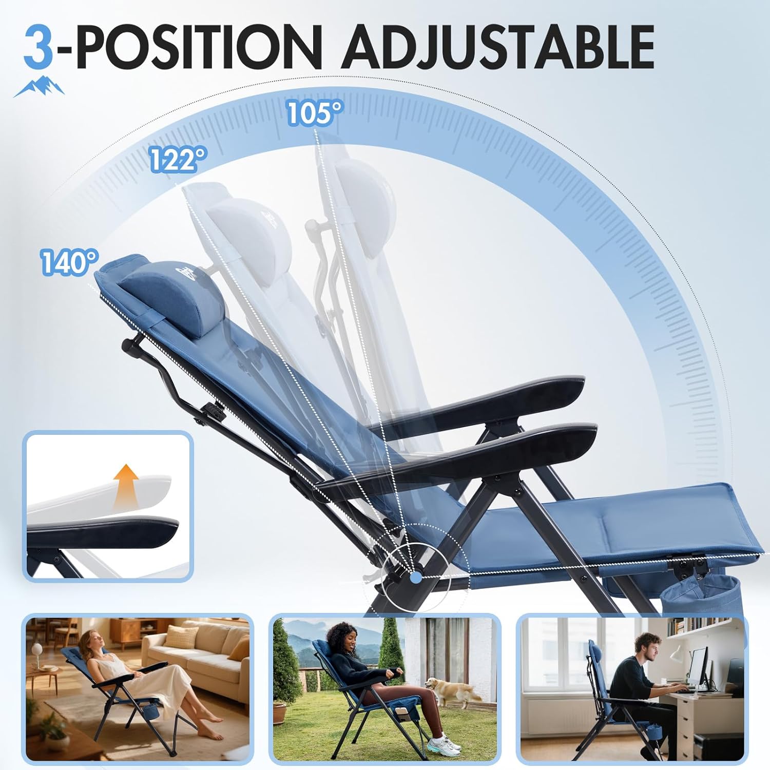 Reclining Camping Chair High Back 160KG Blue