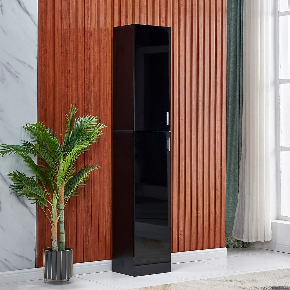 High Gloss Tall Corner Cabinet Black 4 Shelf Unit