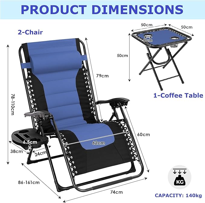 Set of 3 Zero Gravity Sun Loungers Blue with Table