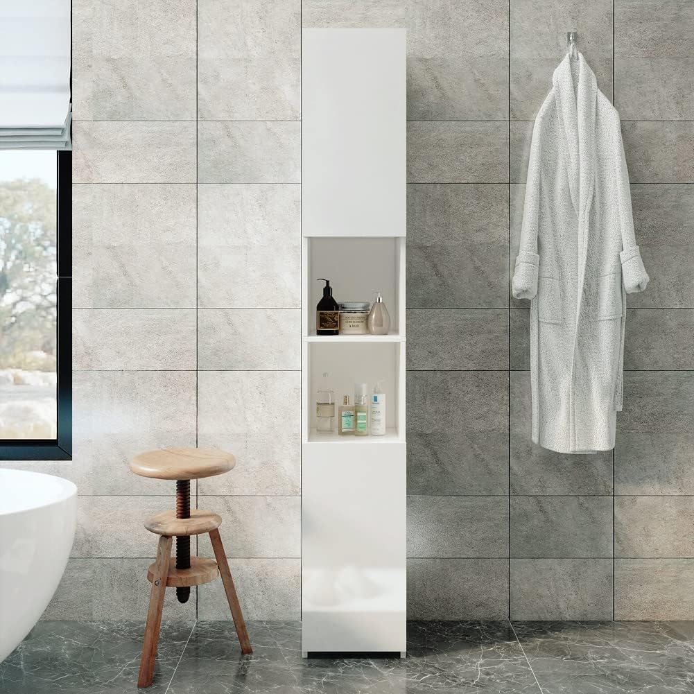 Tall Slim Bathroom Cabinet White High Gloss Storage Unit 6 Space