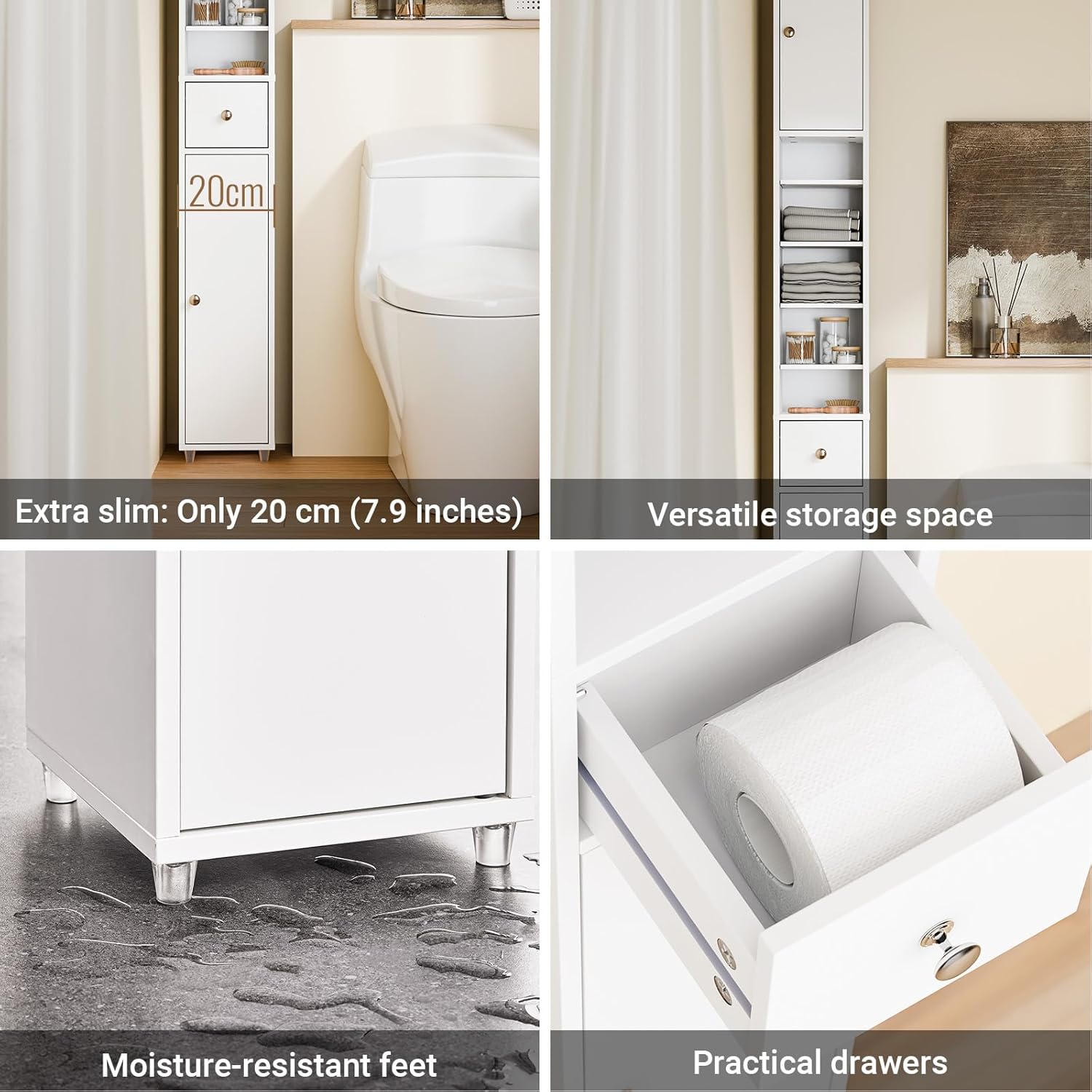 Tall Slim Bathroom Storage Cabinet 20cm Wide Drawer White 180cm