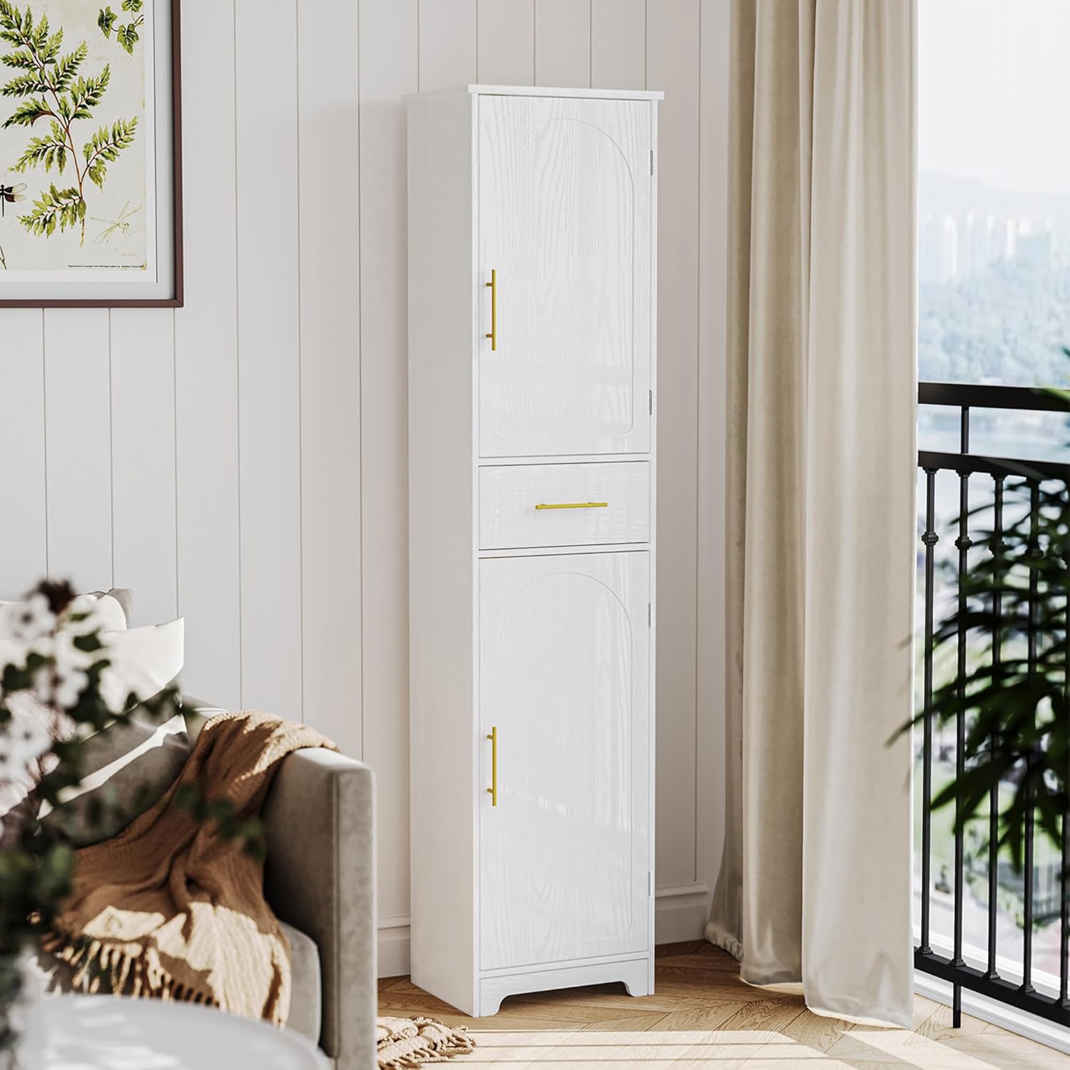 Tall Slim Storage Cabinet White Drawer Doors Shelf Unit