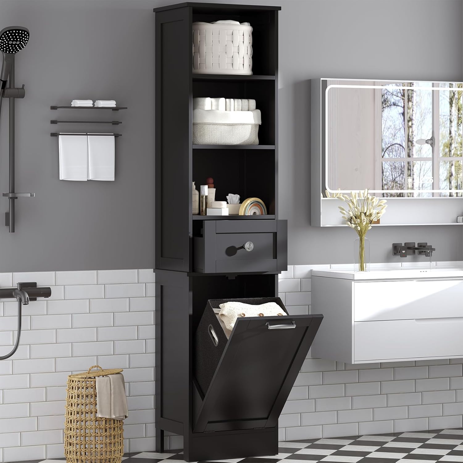 Tall Bathroom Cabinet Laundry Hamper Drawer Shelves Black 170cm