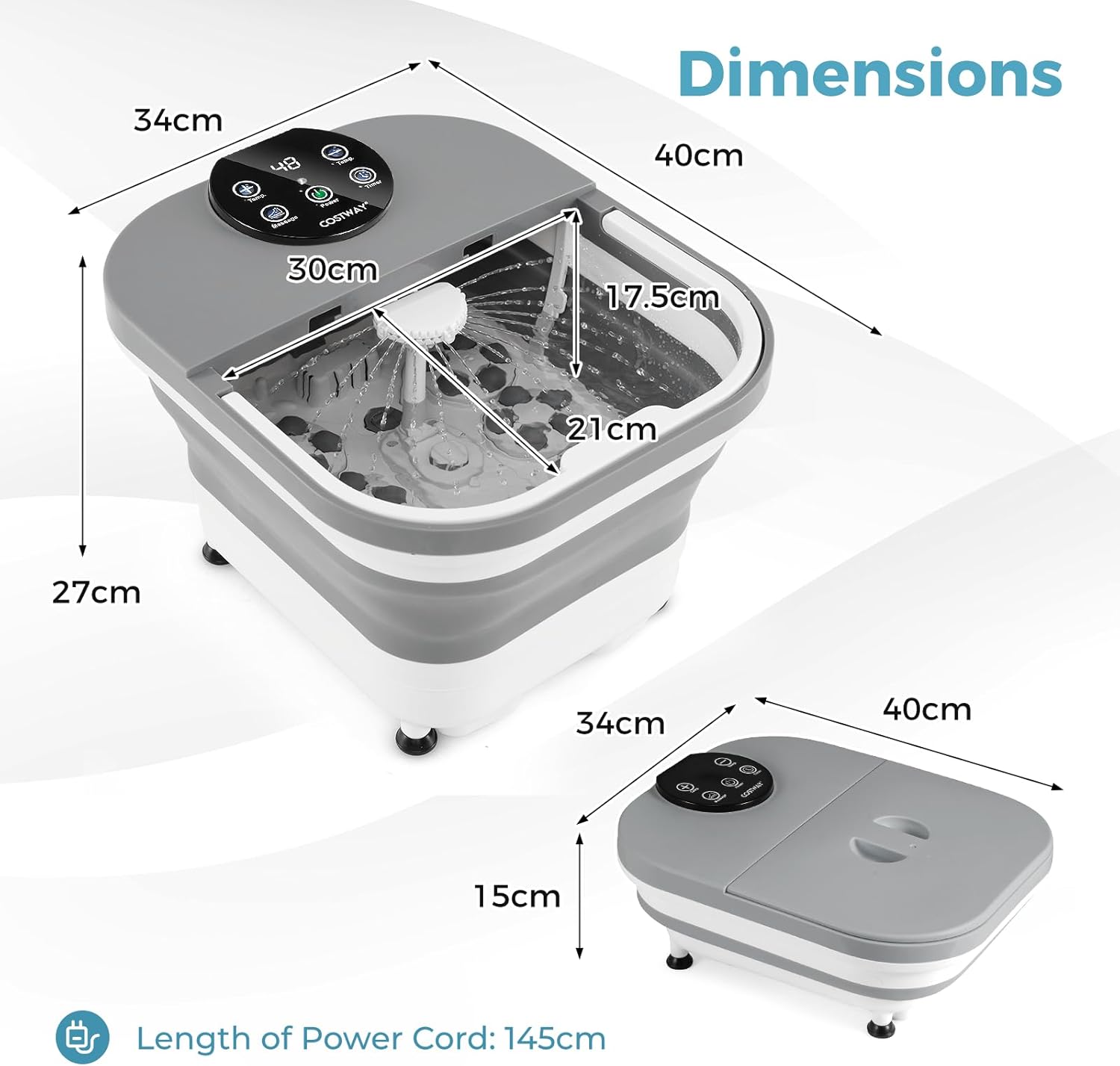 Foldable Heated Foot Spa Massager 30 Rollers Shower Timer