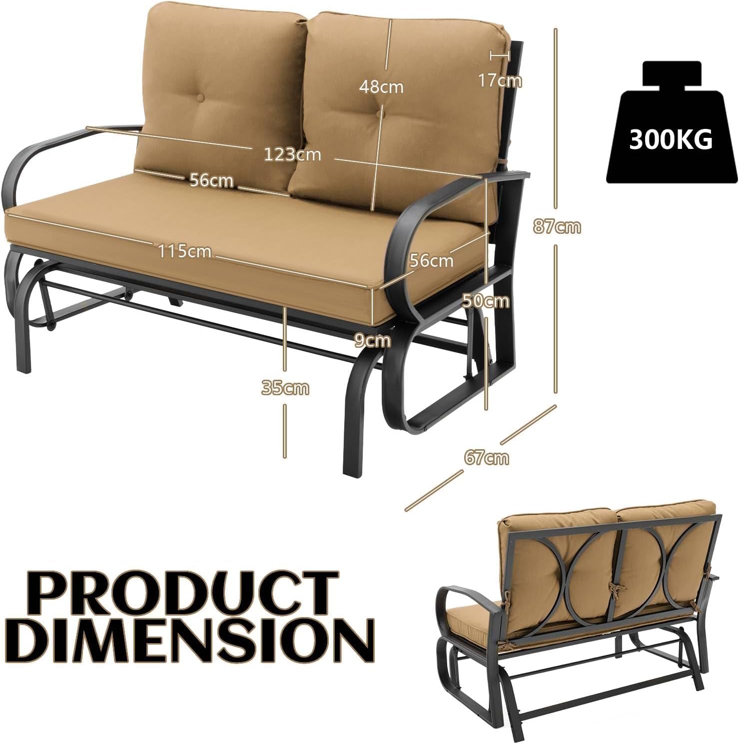 2 Seater Outdoor Glider Bench Metal Rocking Garden Chair w/Cushions