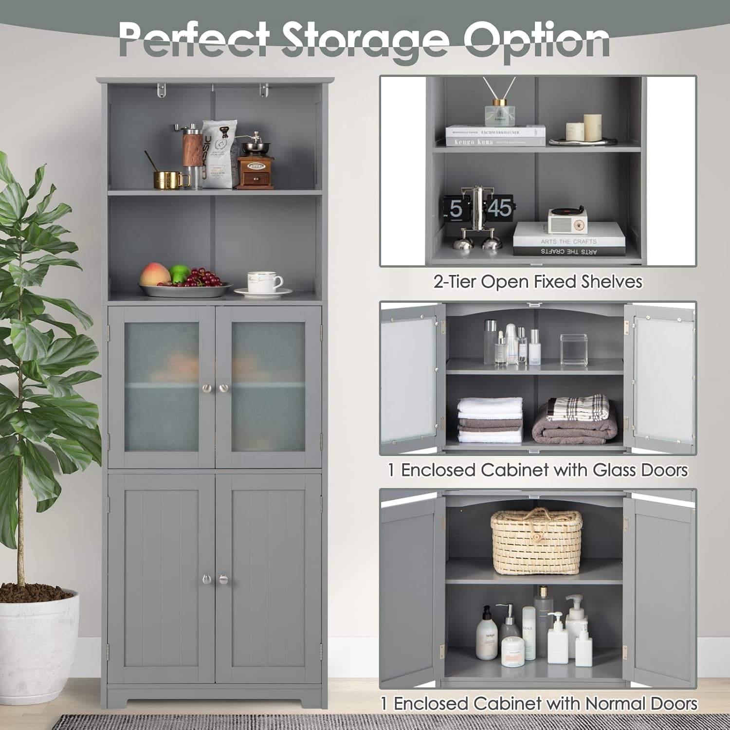 Tall Storage Cabinet Glass Door Shelf Unit Grey