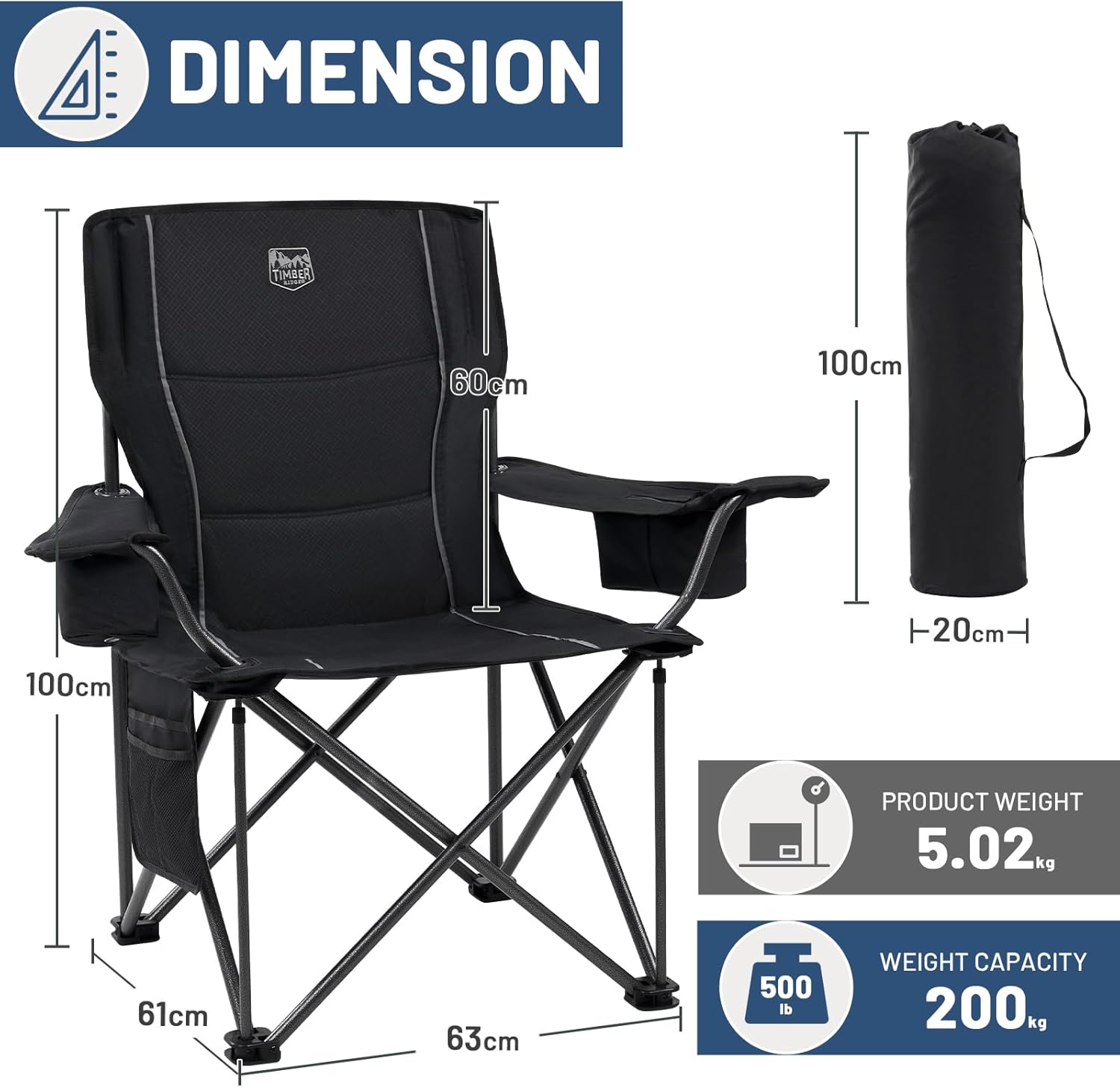 Set of 2 Heavy Duty Camping Chairs 200kg Padded Black