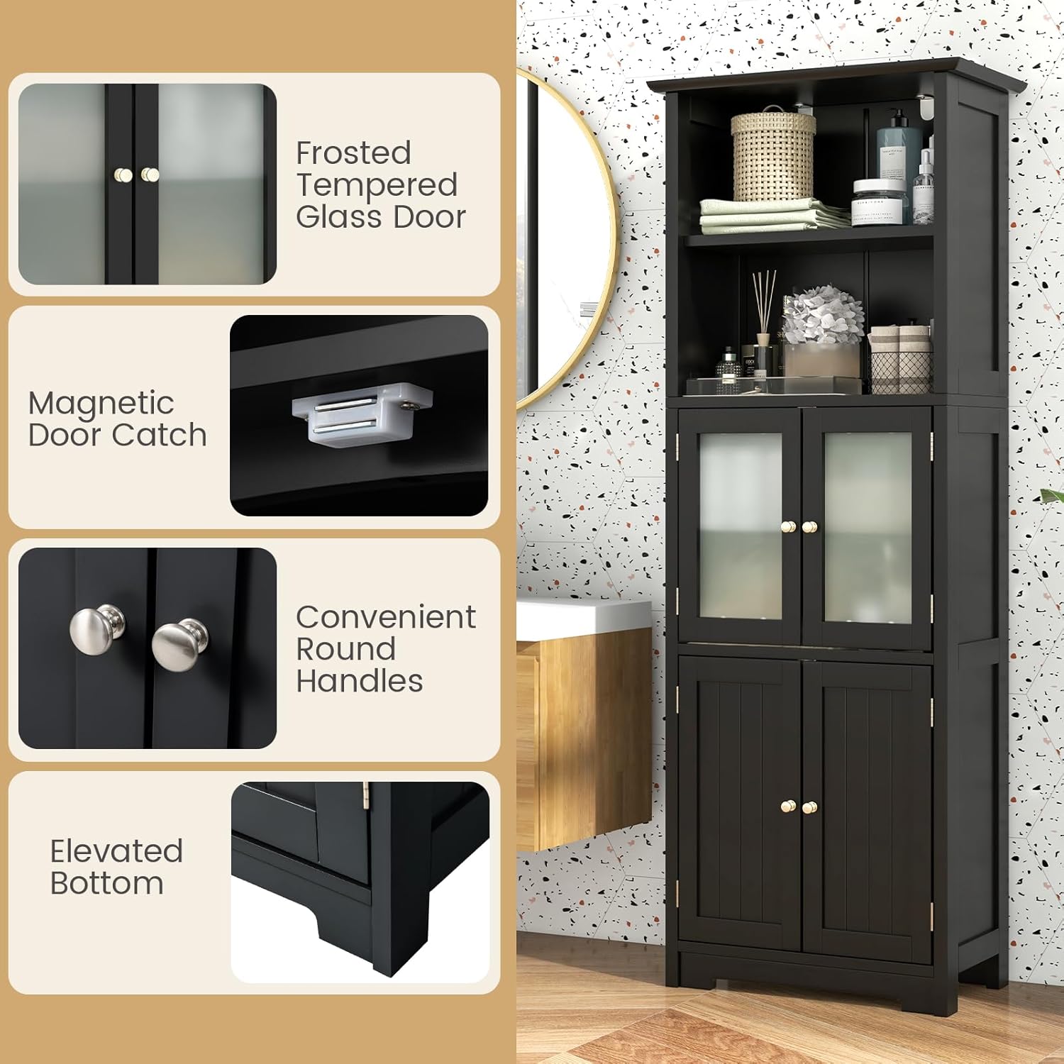 Tall Storage Cabinet Glass Door Shelf Unit Black