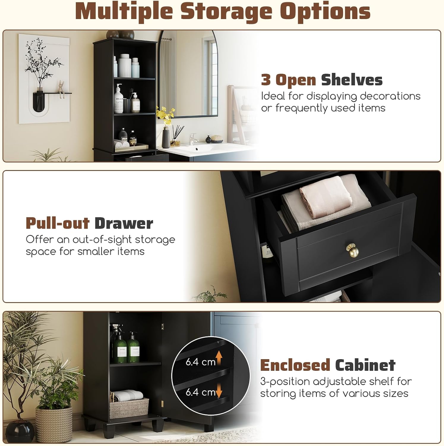Tall Slim Storage Cabinet Black Drawer Shelves Door Unit