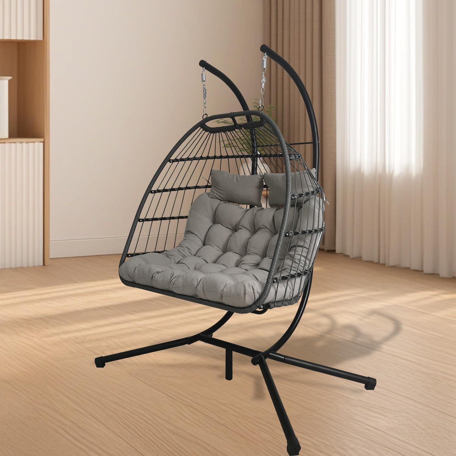 Double Egg Chair Swing Light Grey Rattan Stand Cushions