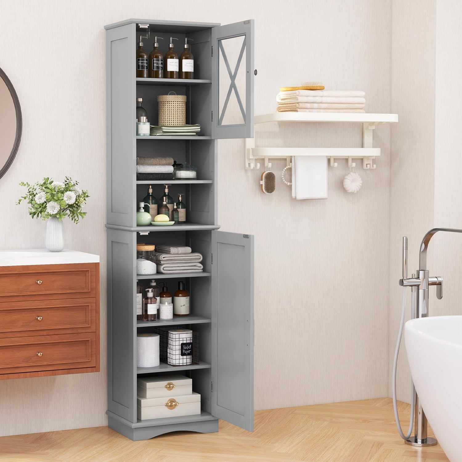 Grey Tall Bathroom Cabinet Slim Storage Unit 2 Door Shelves