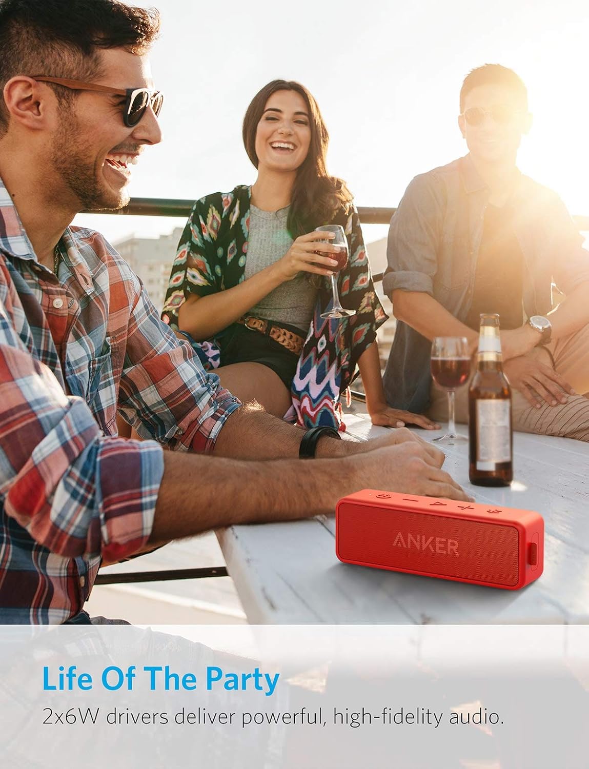 Portable Bluetooth Speaker 12W Stereo Bass Waterproof 24 Hour Red
