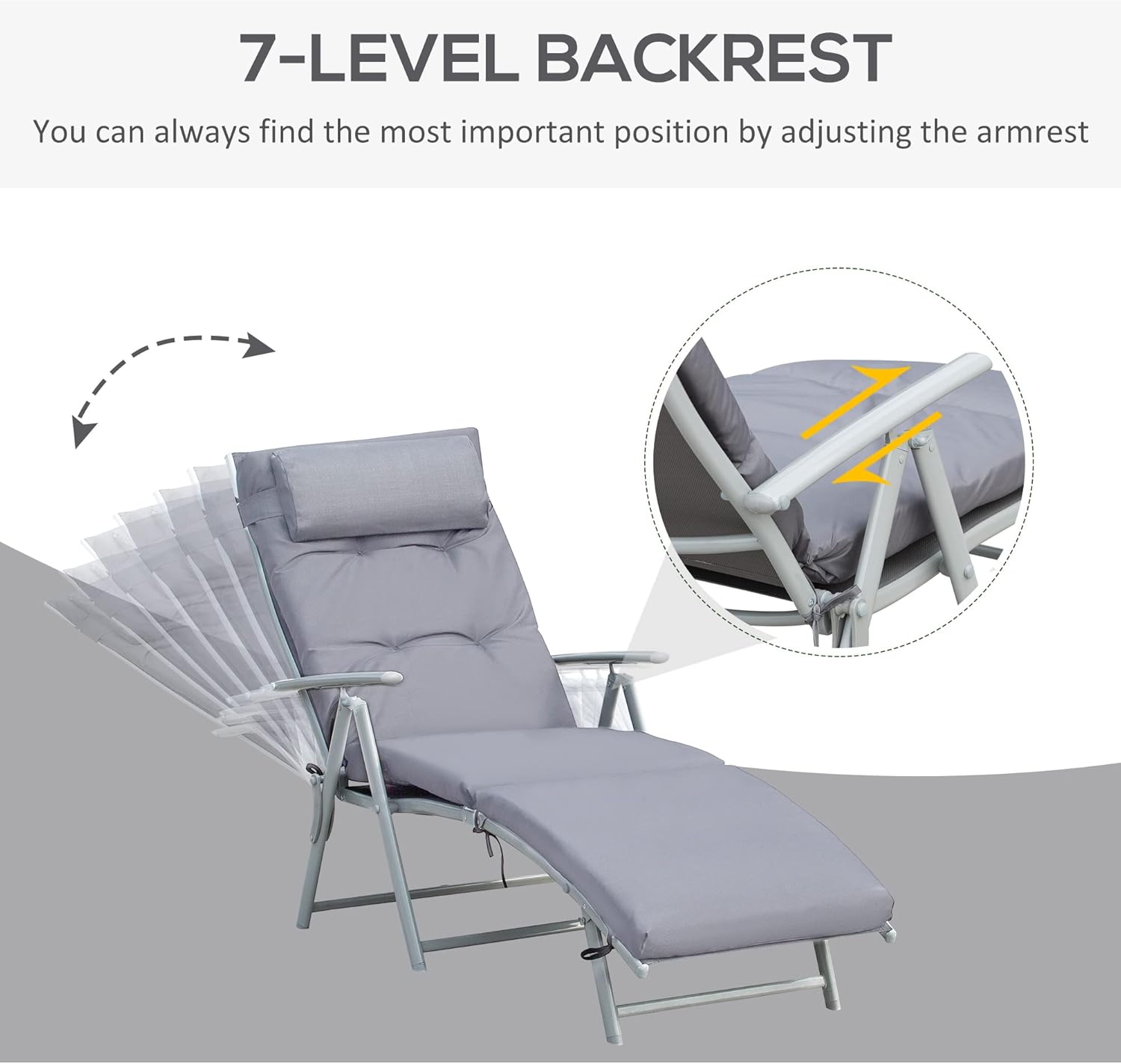 Heavy Duty 7 Level Sun Lounger Folding Recliner Grey