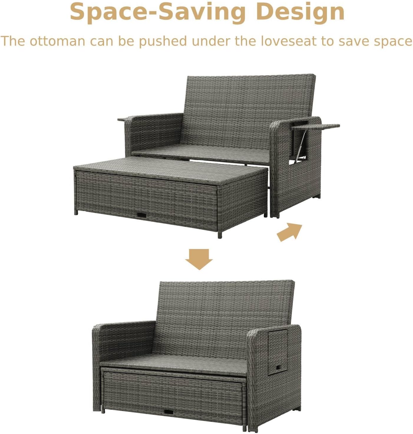 2 in 1 Rattan Daybed Sun Lounger Beige Grey