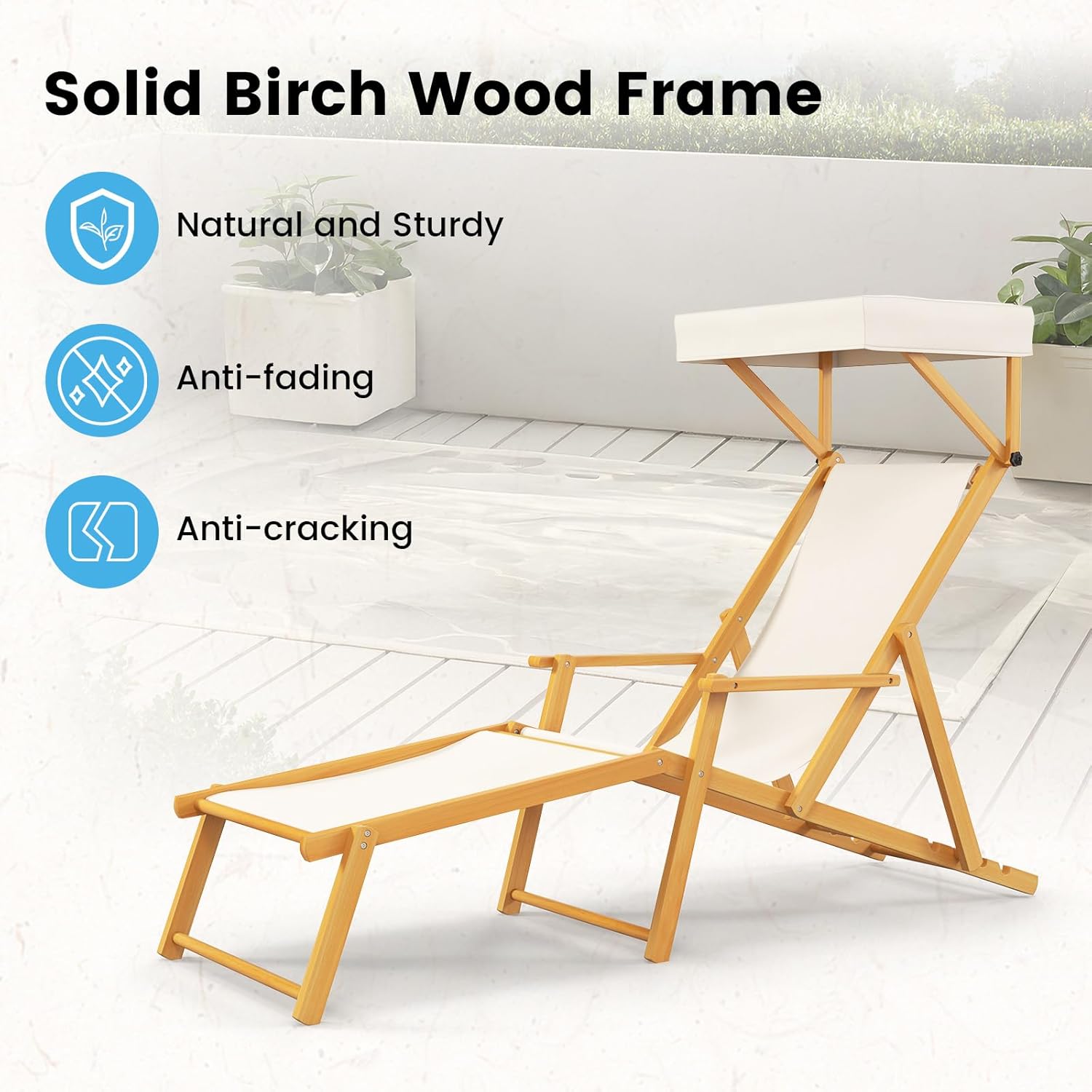 Foldable Wooden Sun Lounger with Canopy Recliner Beige