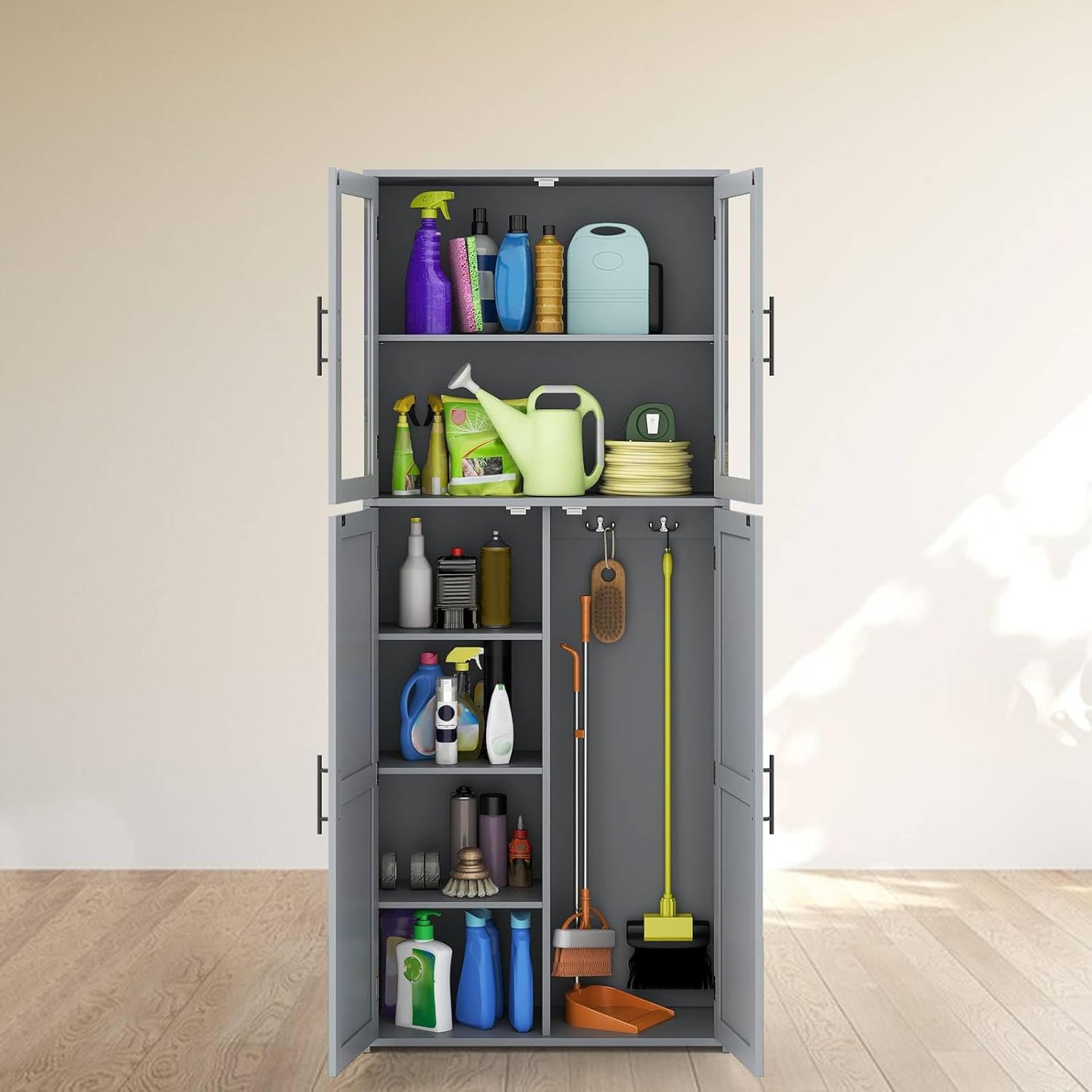 Tall Storage Cabinet Grey Adjustable Shelves Hook Unit