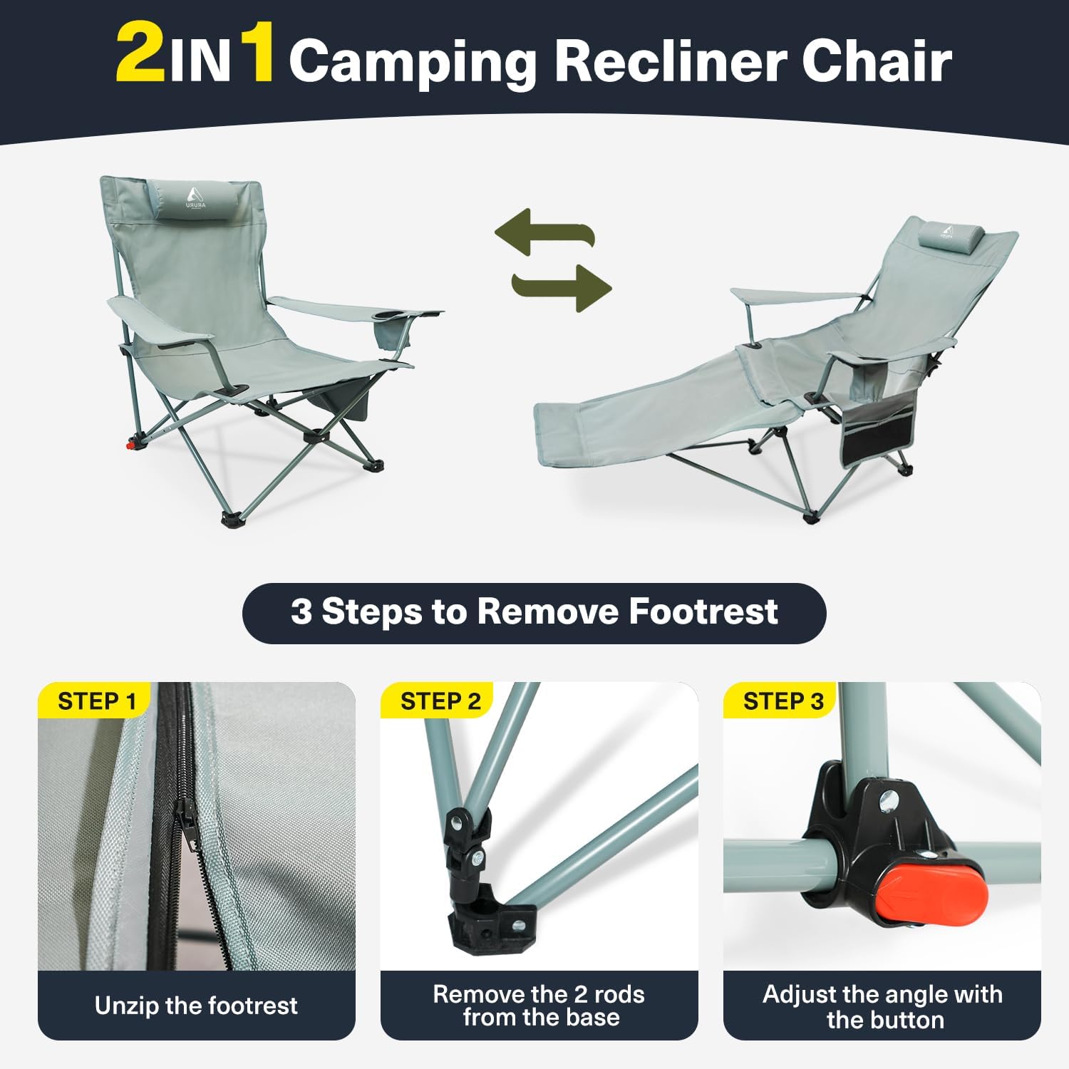 2 Pack Reclining Camping Chairs with Footrest 300lb
