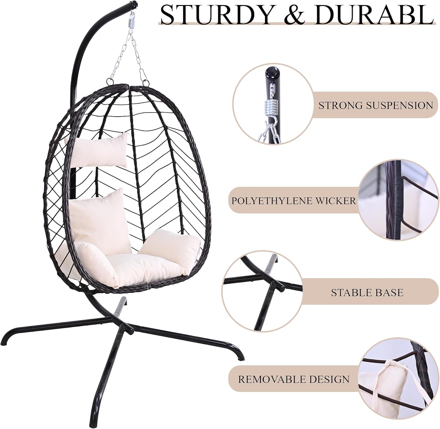 Hanging Egg Chair with Stand Cushion Beige 350lb