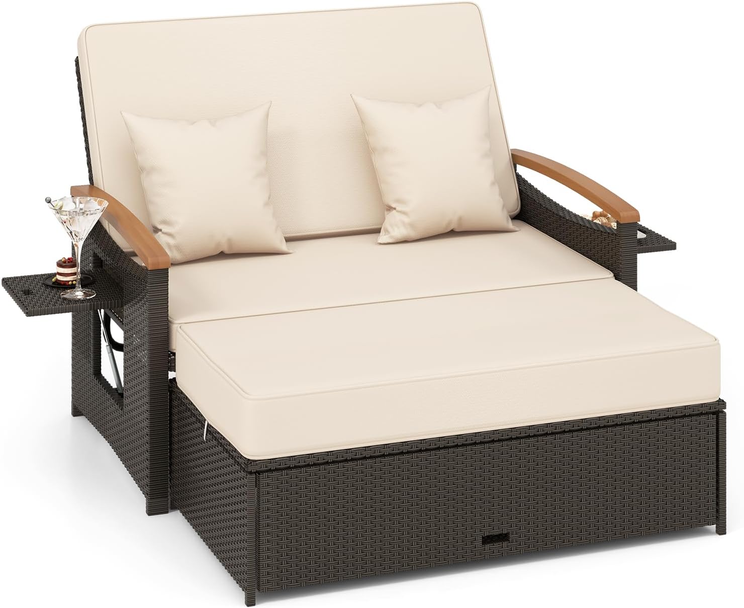 Beige Rattan Daybed Sun Lounger with Storage Ottoman