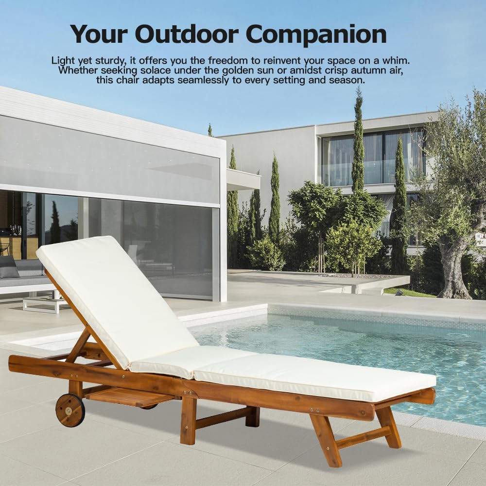 Acacia Wood Sun Lounger Recliner Chair with Wheels Cushion