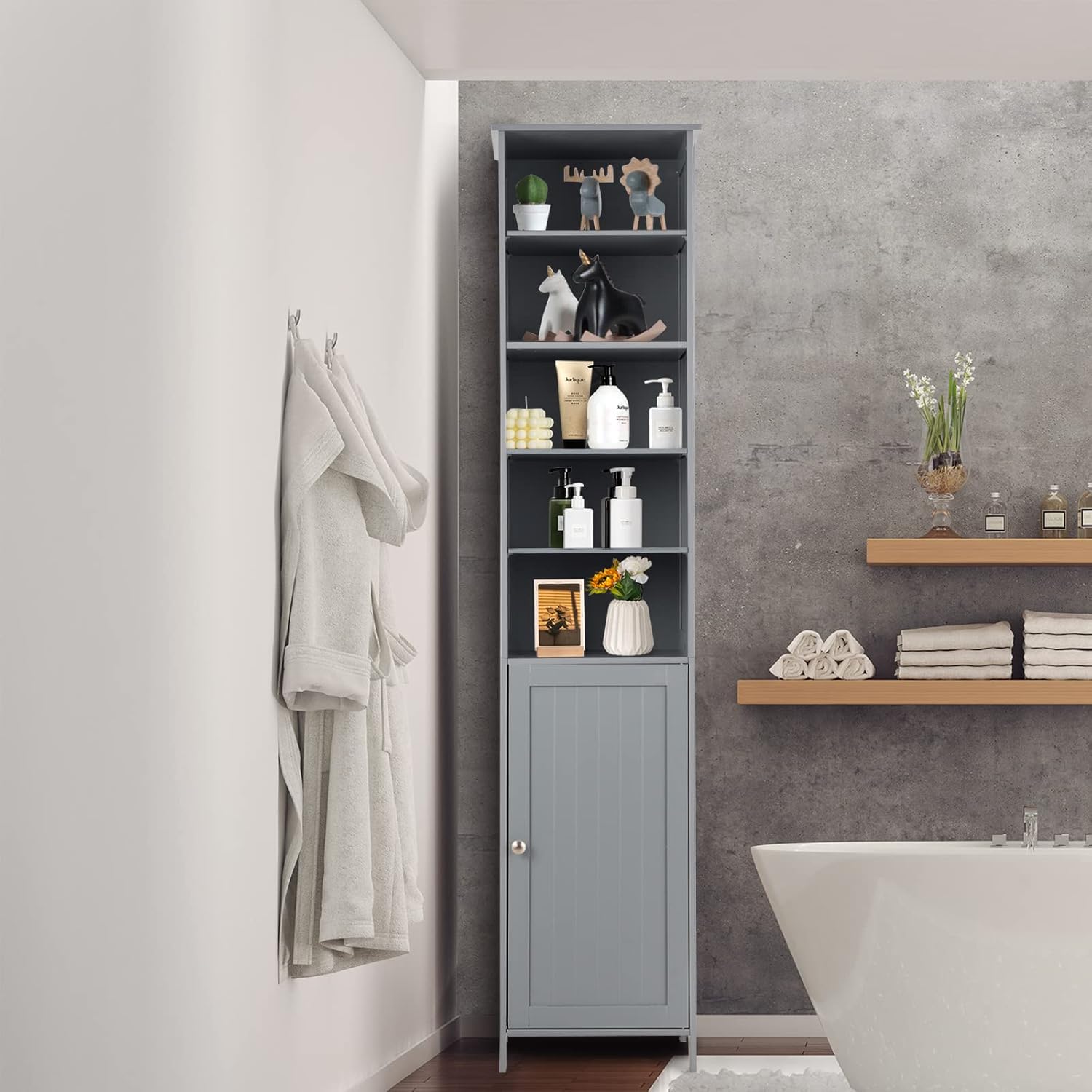 Slim Tall Bathroom Storage Cabinet 5 Shelf Cupboard Grey