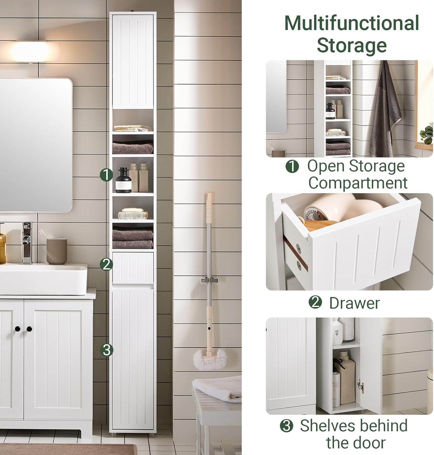 Slim Tall Bathroom Storage Cabinet White Drawer Shelves Unit