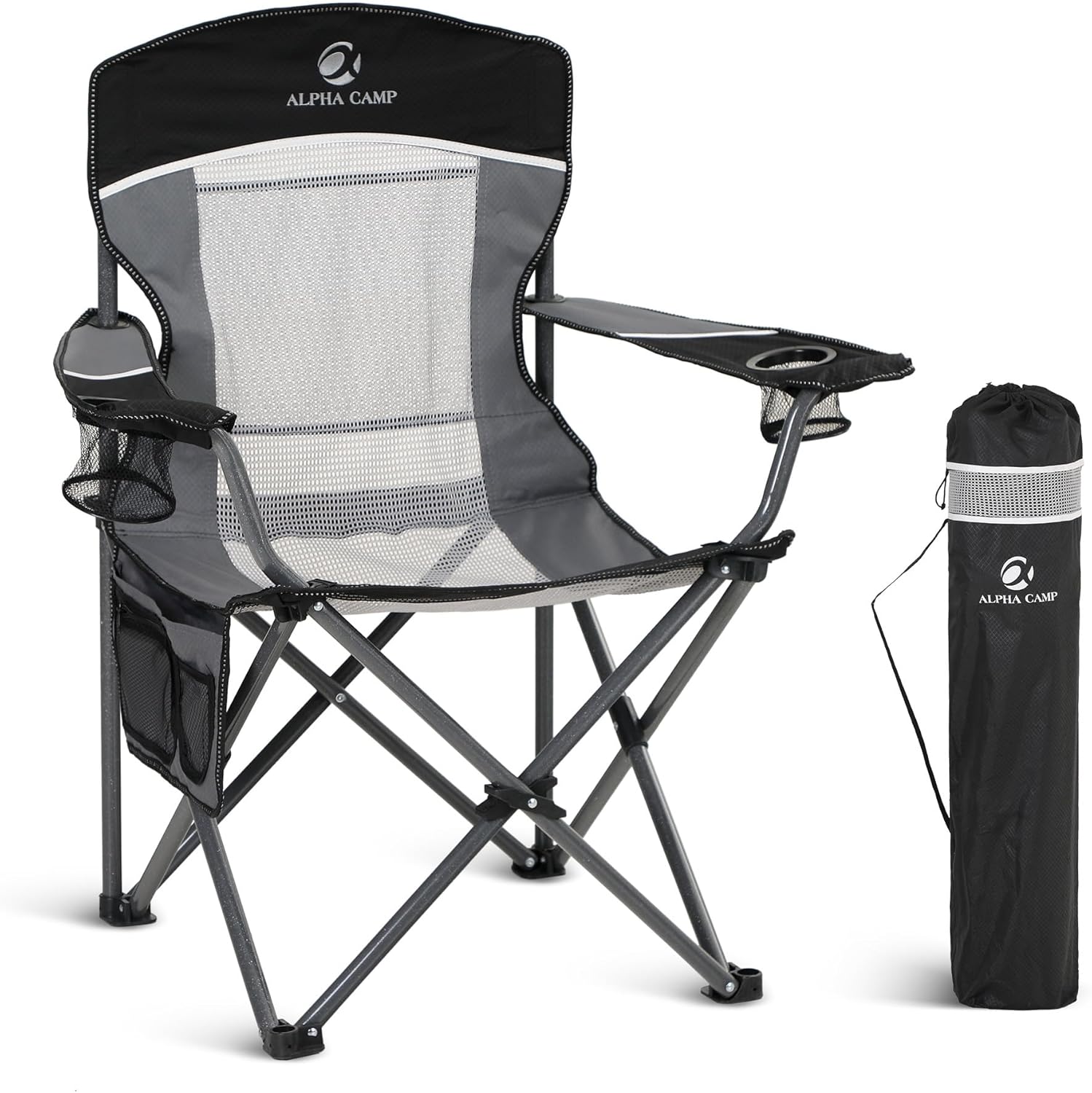 Oversized Camping Chair Mesh Back Folding Seat Black