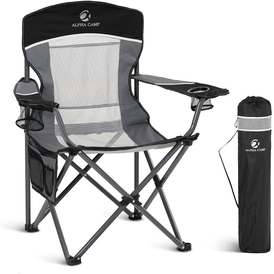 Oversized Camping Chair Mesh Back Folding Seat Black