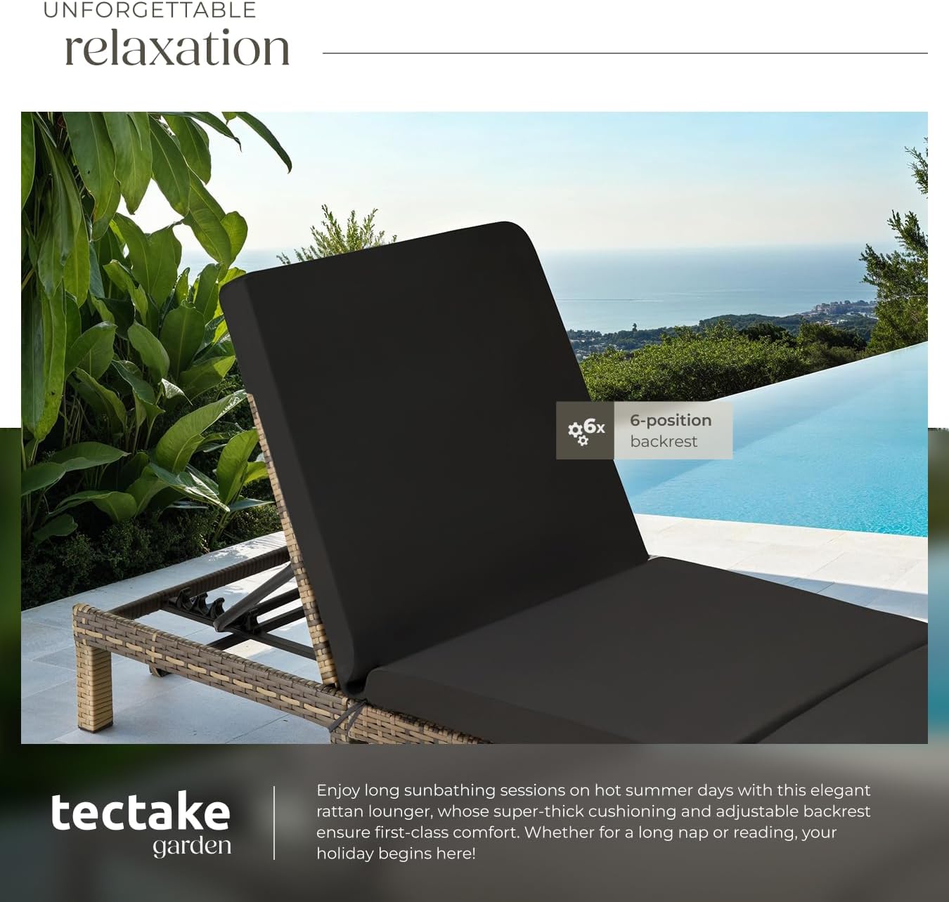 Luxury Rattan Sun Lounger 6 Position Cushion Natural