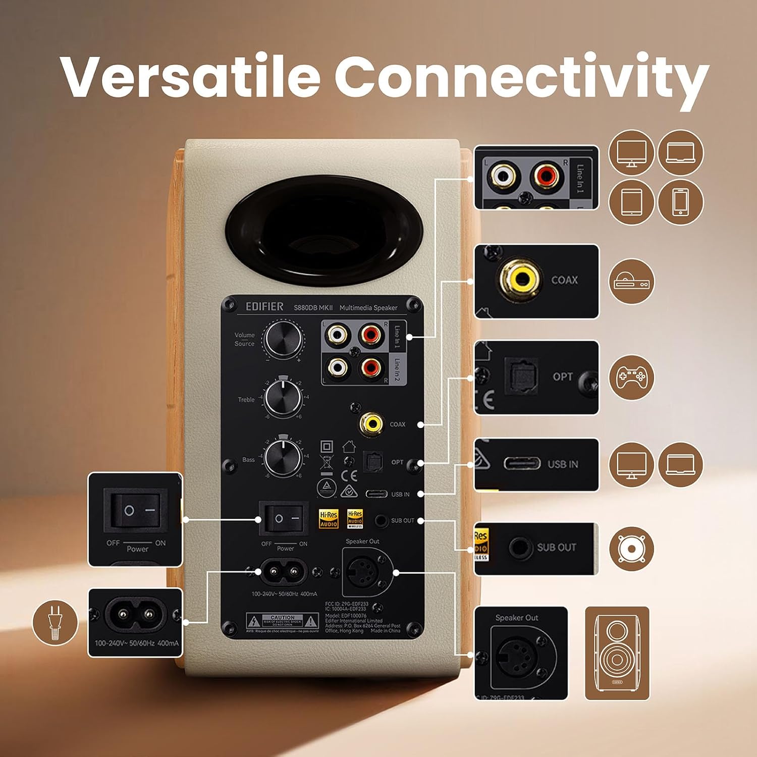 Hi Res Bookshelf Speakers 88W Bluetooth 5.3 Studio Monitor USB C