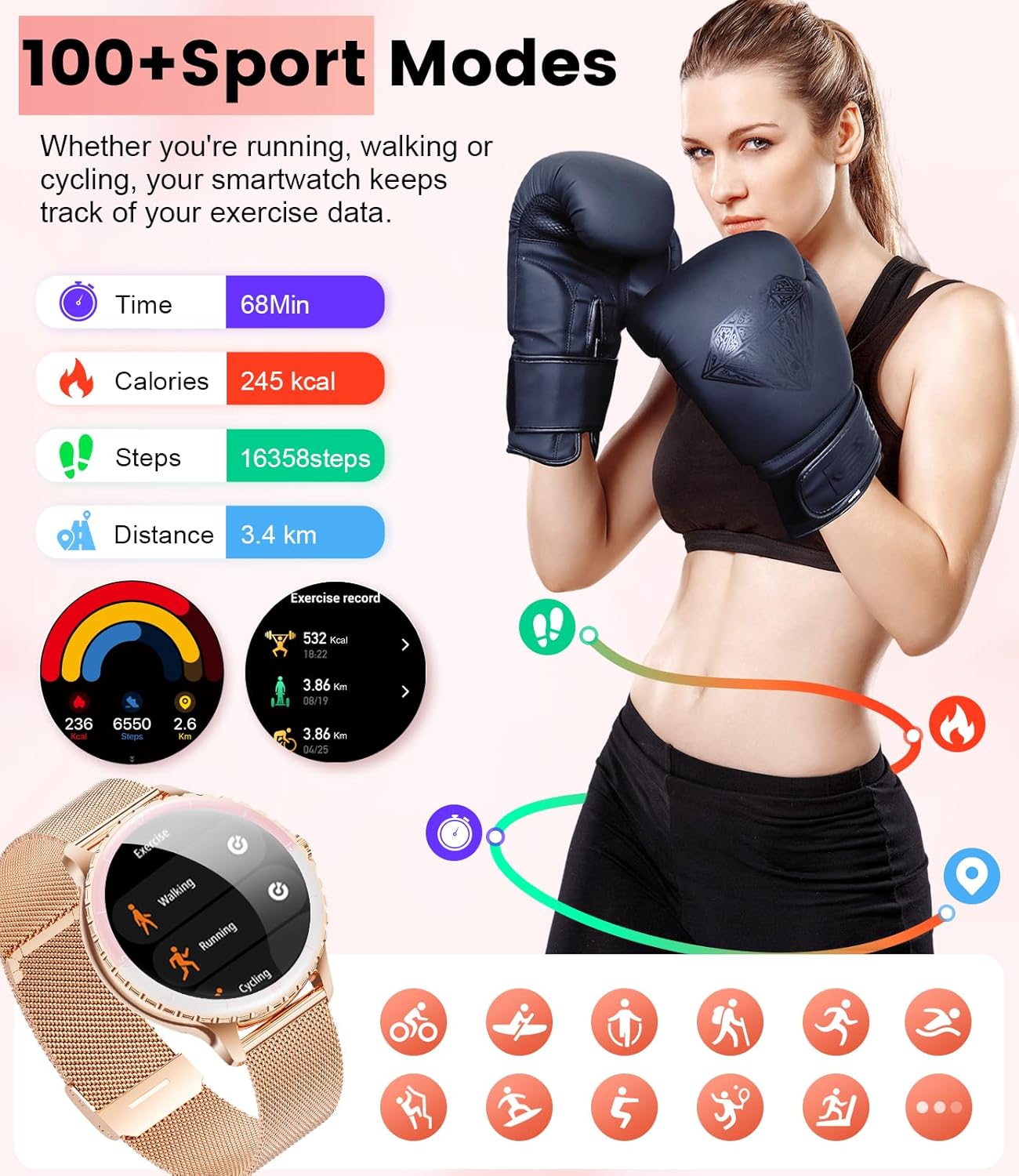 Rose Gold Diamond Smart Watch Bluetooth Call Fitness Tracker