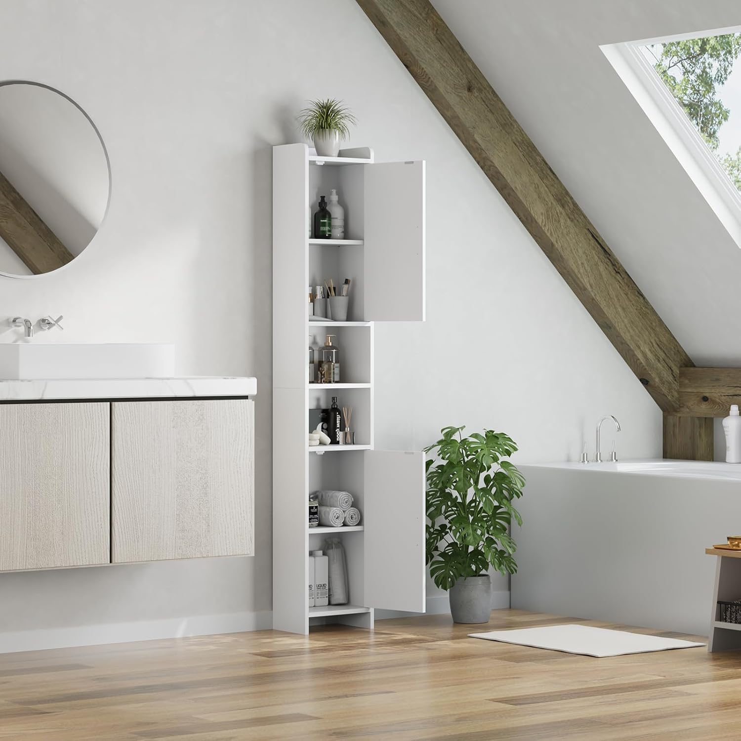 Tall Slim Storage Cabinet White Door Shelves 6 Tier Unit