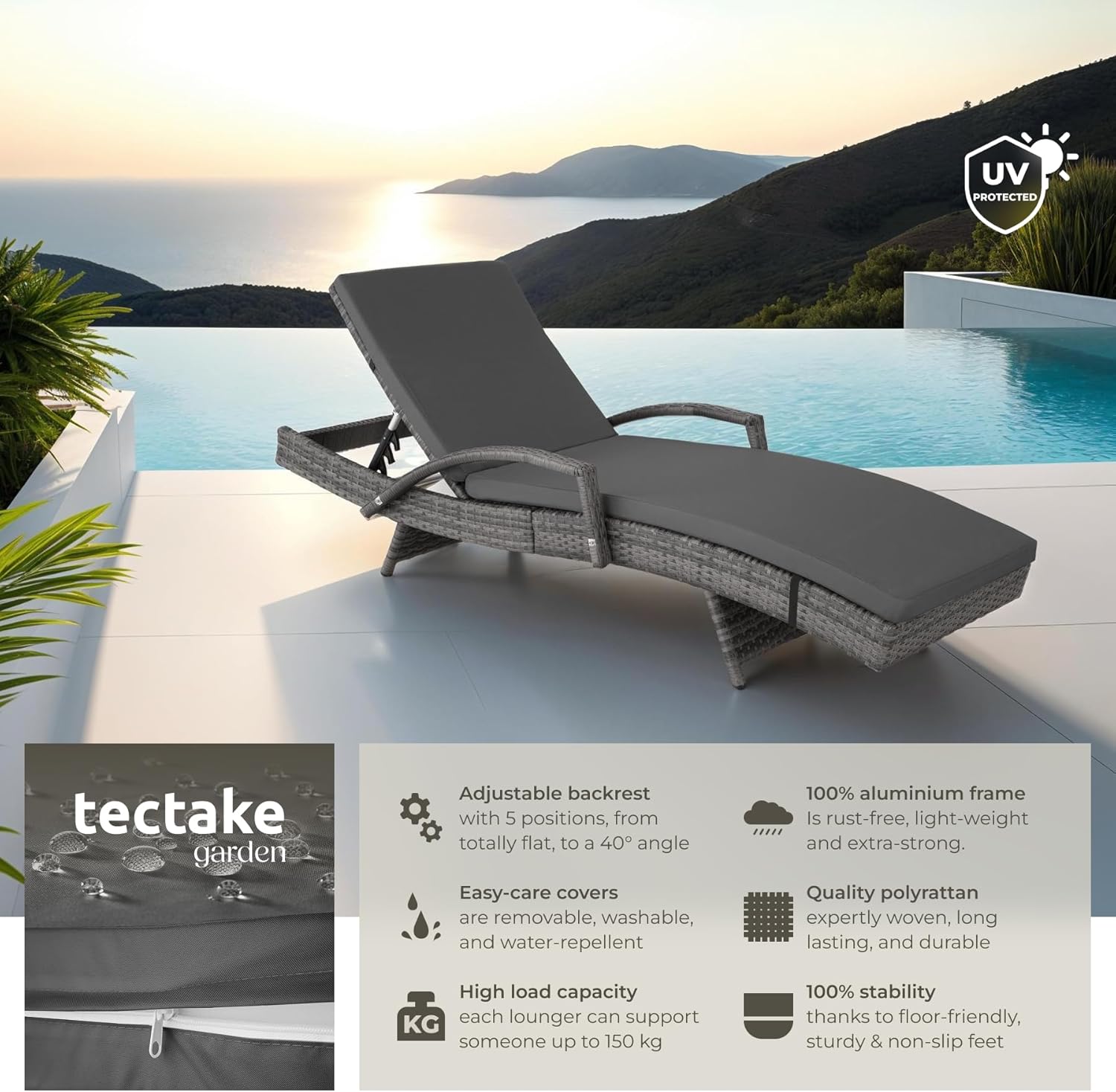 Rattan Sun Lounger 5 Position Recliner Cushion Grey