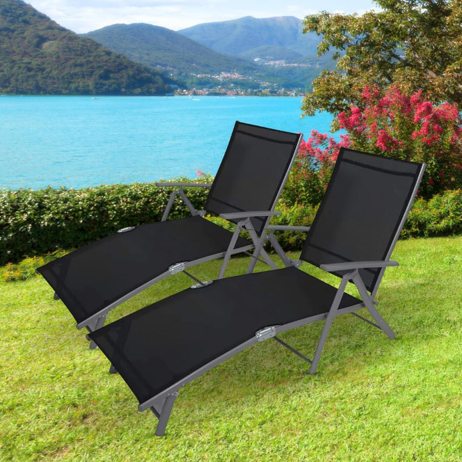 Set of 2 Reclining Sun Lounger Chairs Black 170 Degree