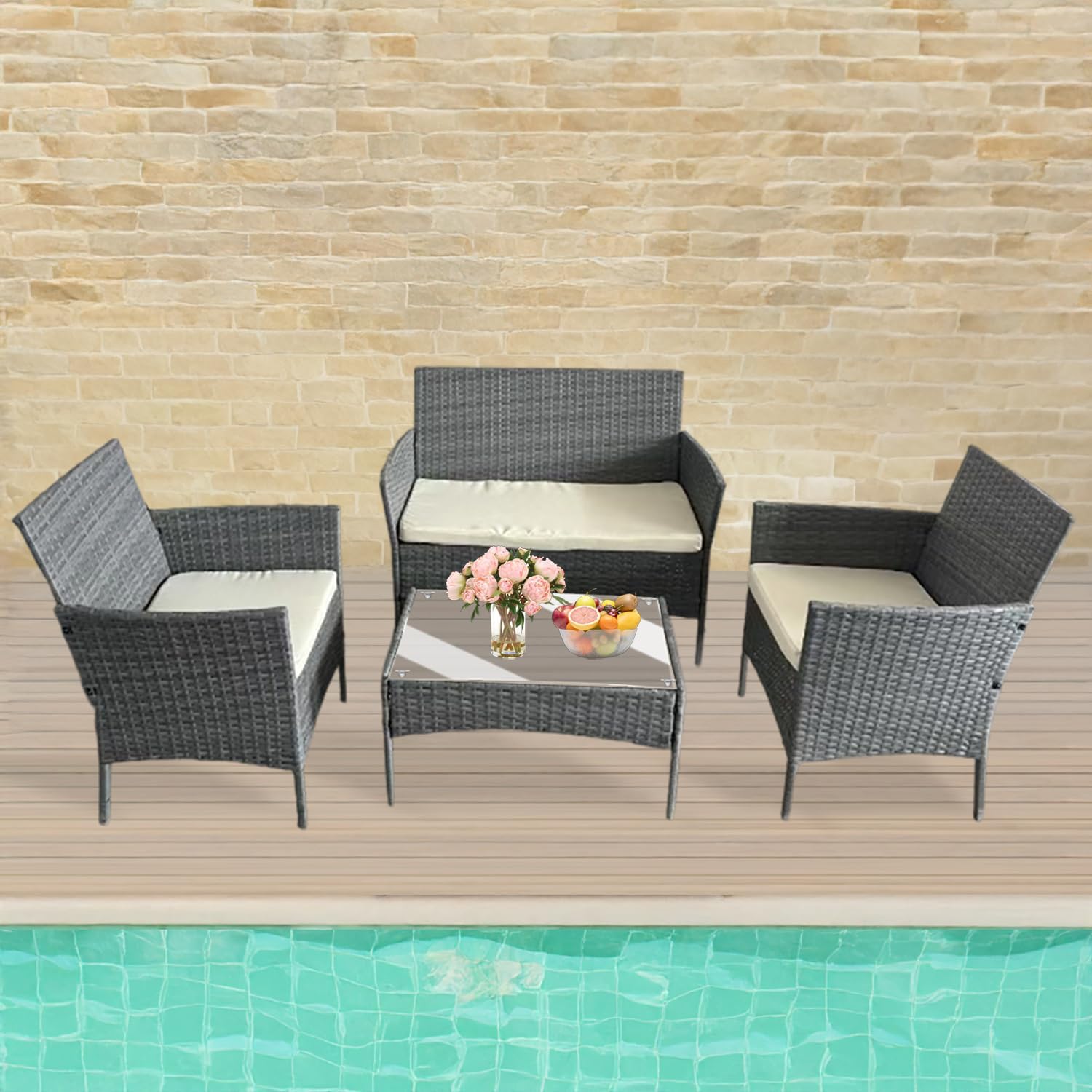 Rattan Garden Furniture Set 2 Chairs Loveseat Table Cushions