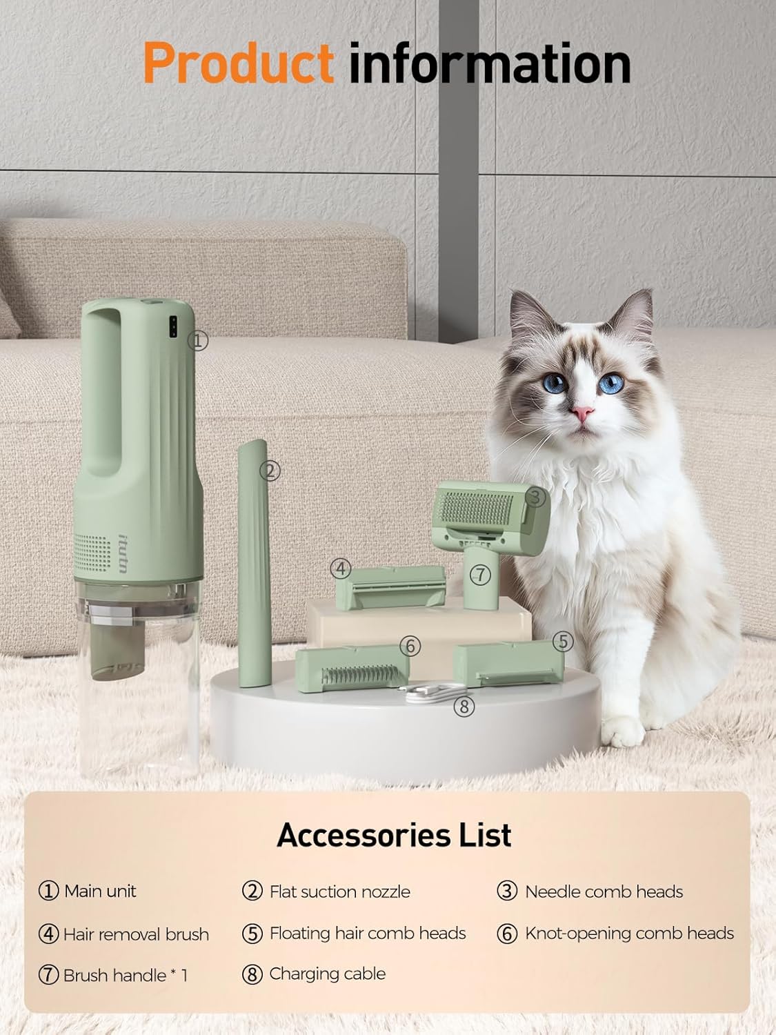 Cordless Pet Grooming Vacuum 10KPa Deshedding Brush Kit Green