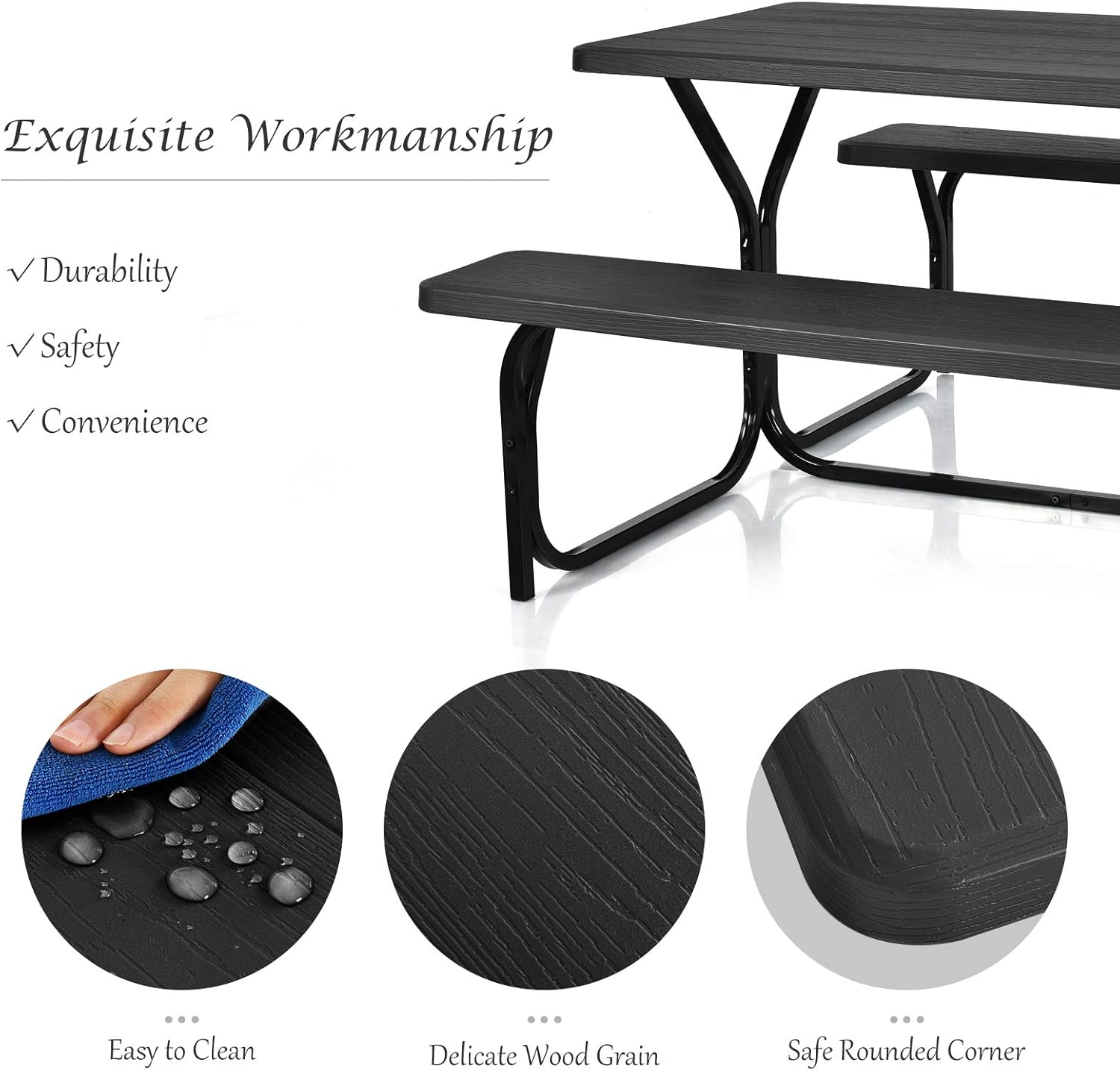 Outdoor Picnic Table Bench Set HDPE Garden Dining Black