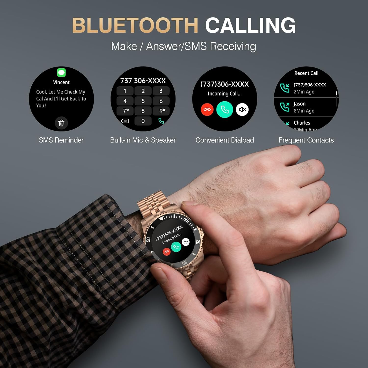 Gold Mens Smart Watch AI Call Fitness Tracker