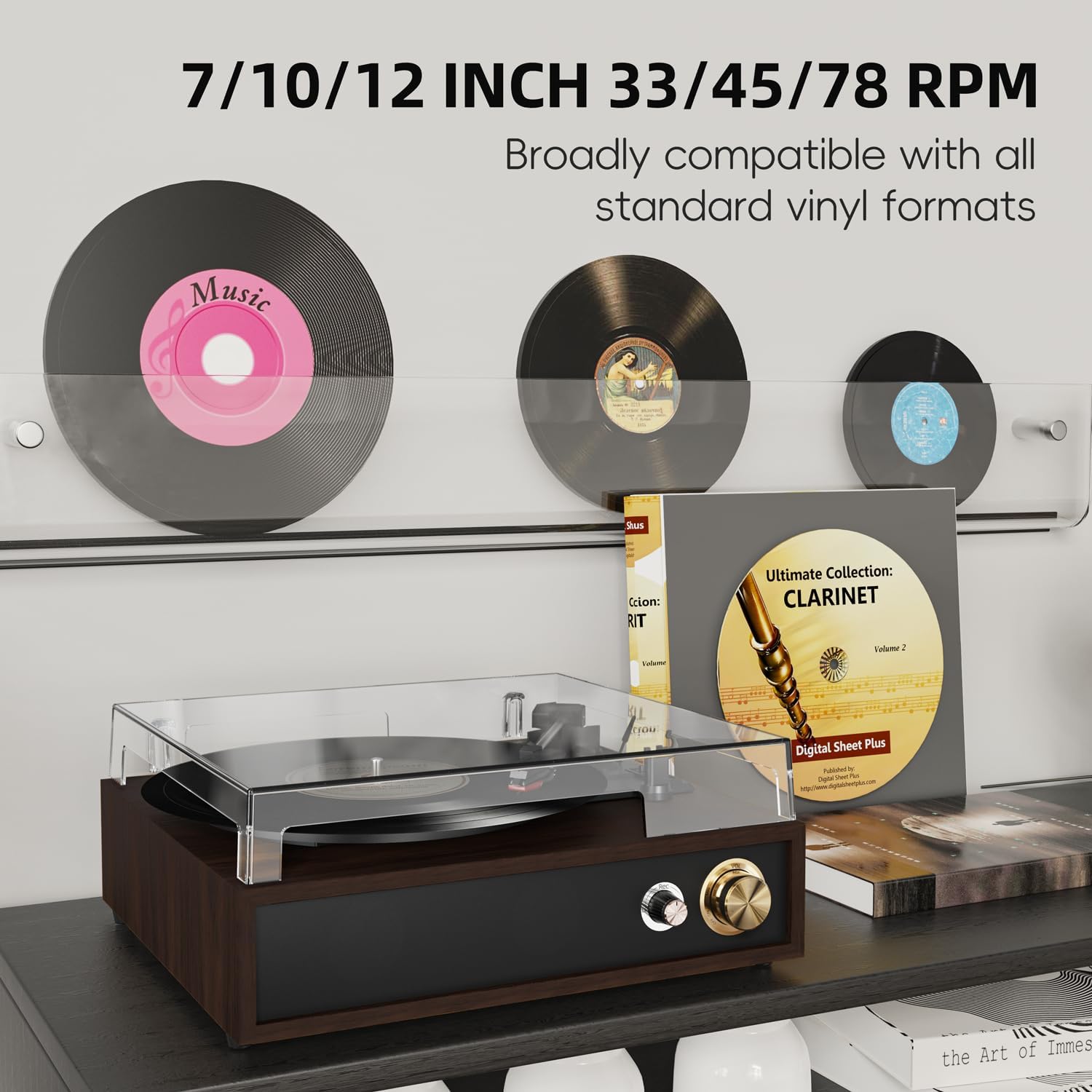 Bluetooth Record Player 3 Speed USB MP3 Recording Walnut