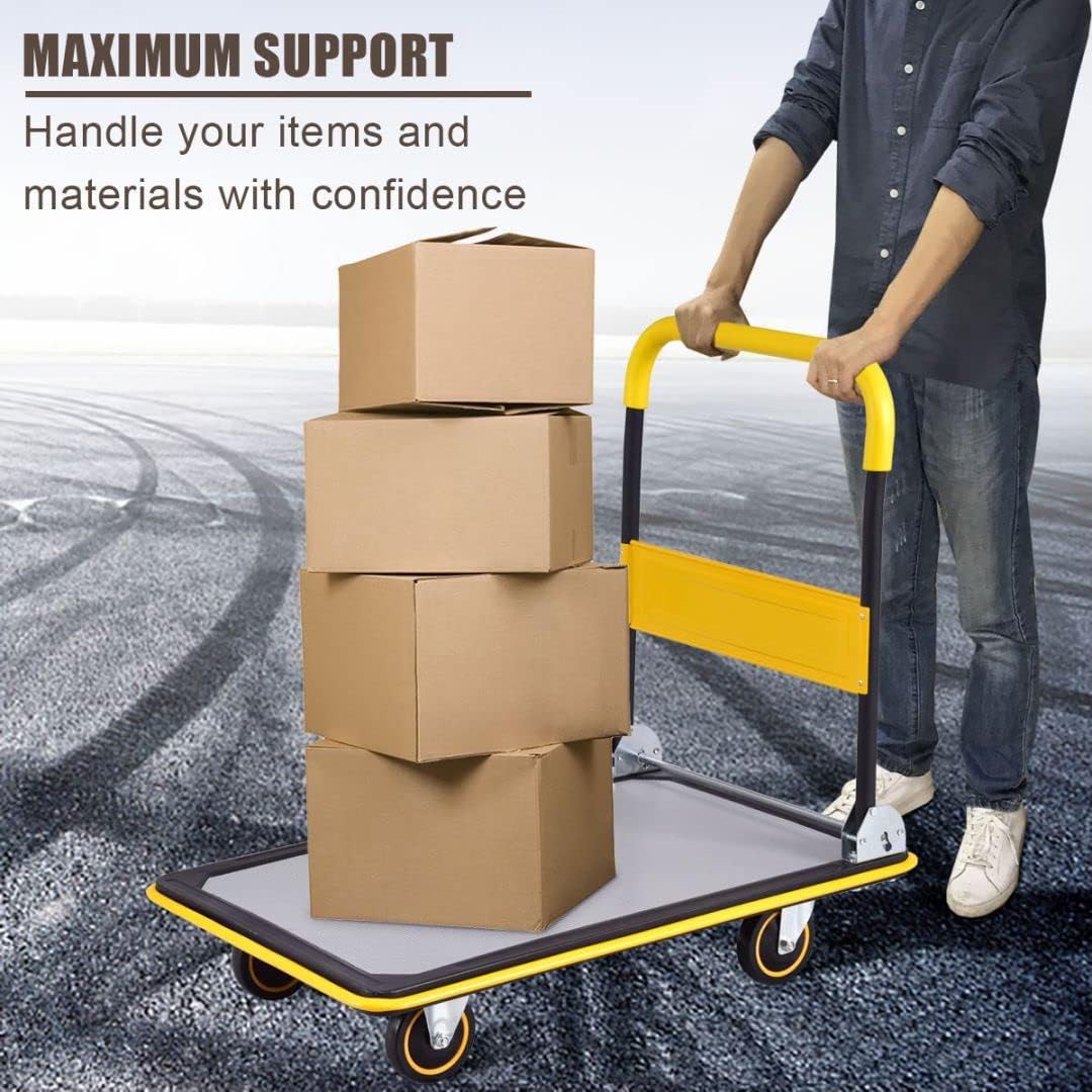 Folding Push Cart Dolly 300KG Flatbed Trolley Yellow