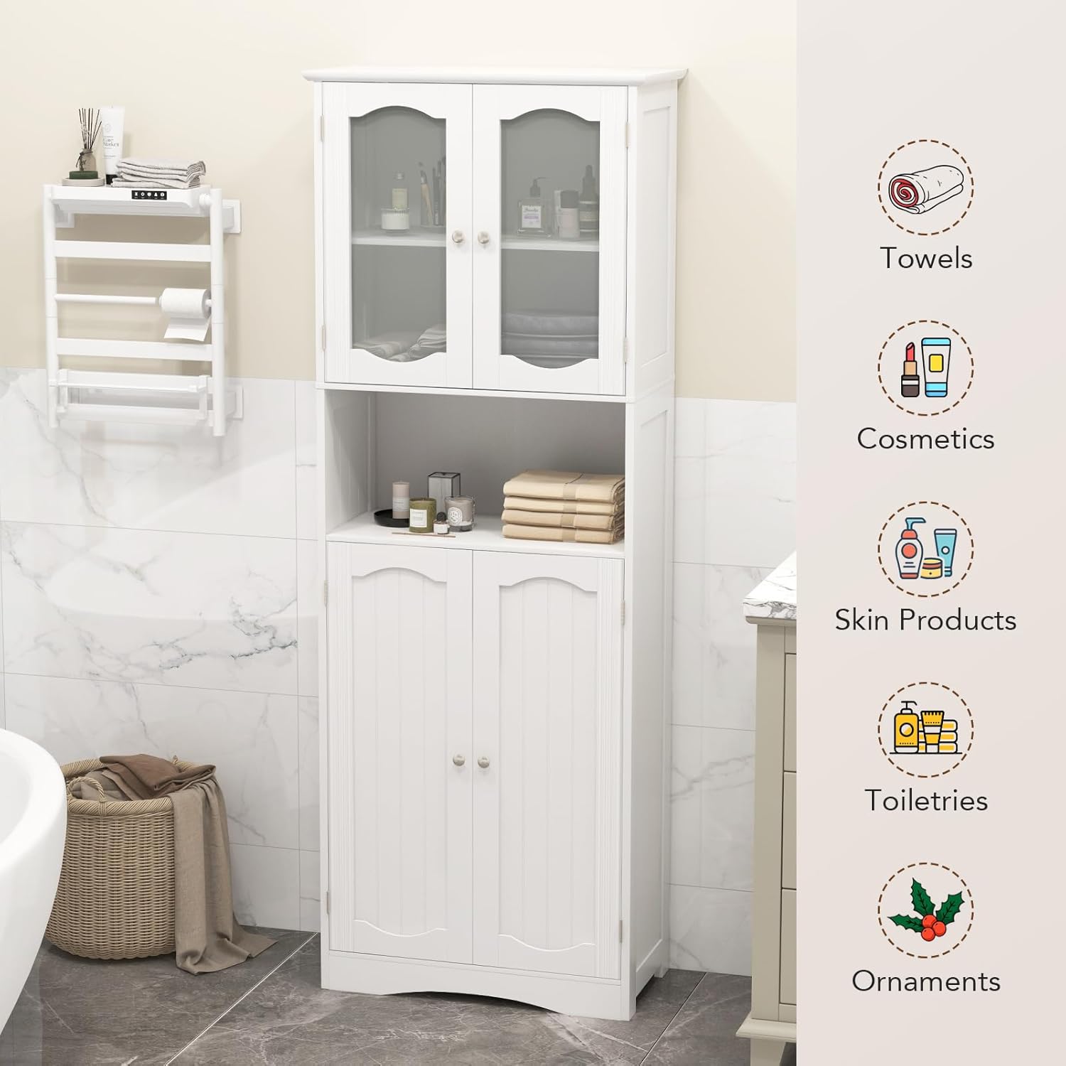 Tall Bathroom Cabinet White Frost Glass Door Shelf Unit