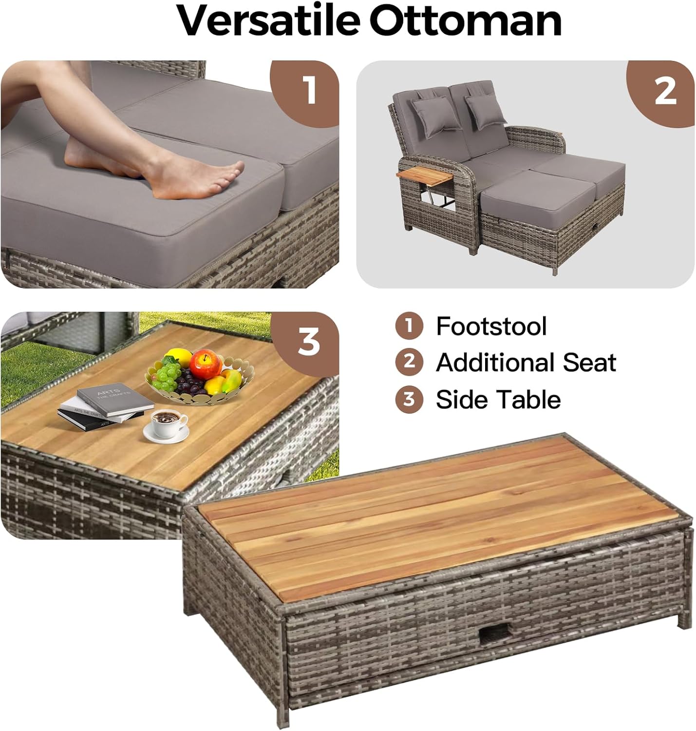 Rattan Garden Daybed Sofa Sun Lounger Storage Ottoman Grey