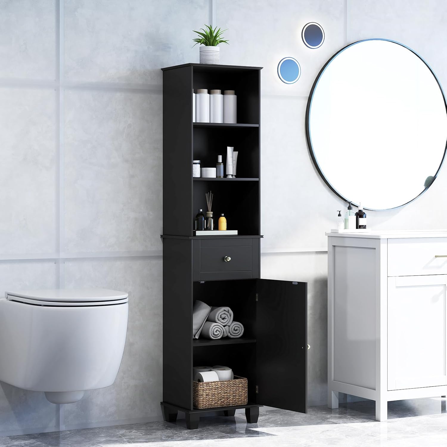 Tall Bathroom Cabinet Black Shelf Drawer Door Unit