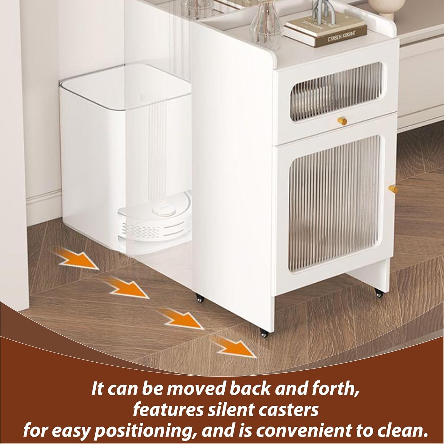 Robot Vacuum Storage Cabinet Stand with Wheels Drawer Glass Door