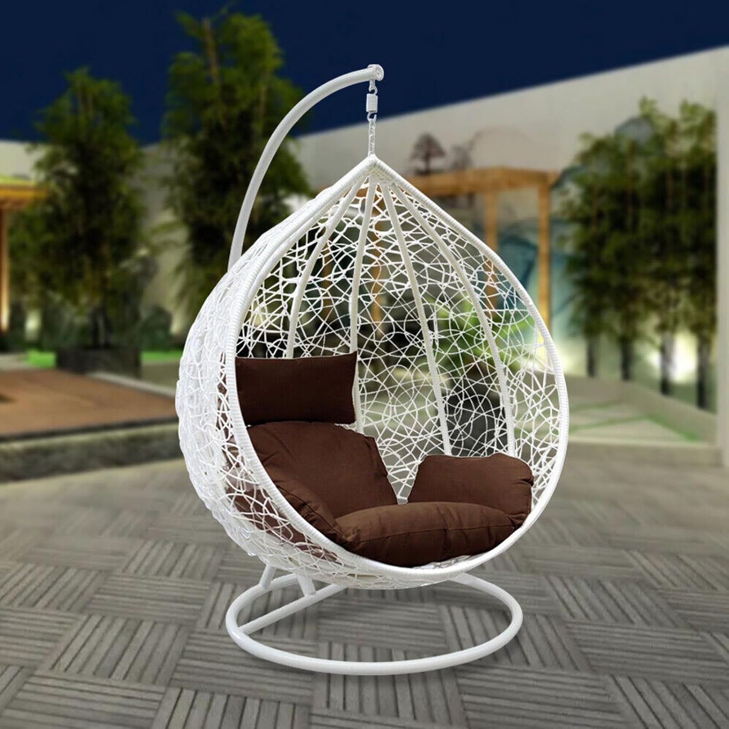 Rattan Hanging Egg Chair with Stand White Brown