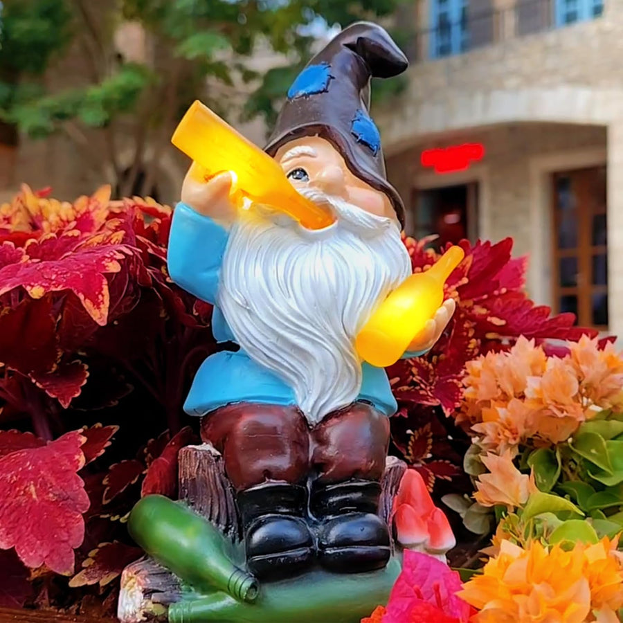 Solar Drunk Gnome Statue Bottle Light Garden Decor Outdoor 26cm